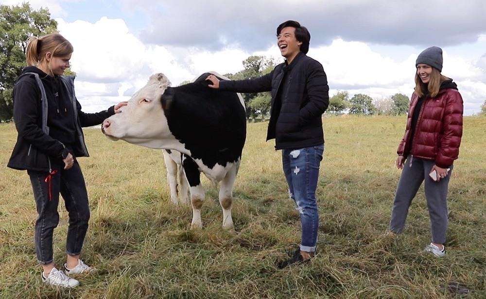 Three young people smiling and interacting with a black and white cow in a grassy field. The group appears to be enjoying the outdoors on a partly cloudy day, dressed in casual jackets and sneakers.